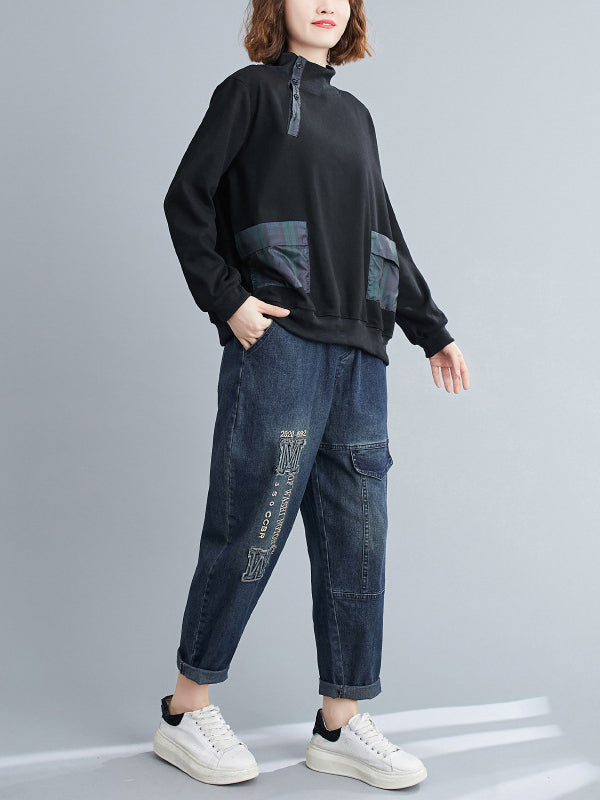 xakxx Simple Long Sleeves Loose Split-Joint Solid Color High-Neck Sweatshirt Tops
