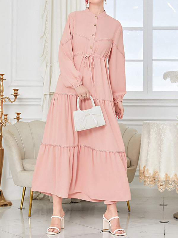 xakxx A-Line Bishop Sleeve Buttoned Drawstring Pleated Split-Joint Mock Neck Maxi Dresses