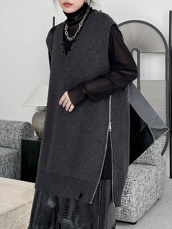 xakxx Loose Sleeveless Asymmetric Split-Side Zipper V-Neck Vest Outerwear