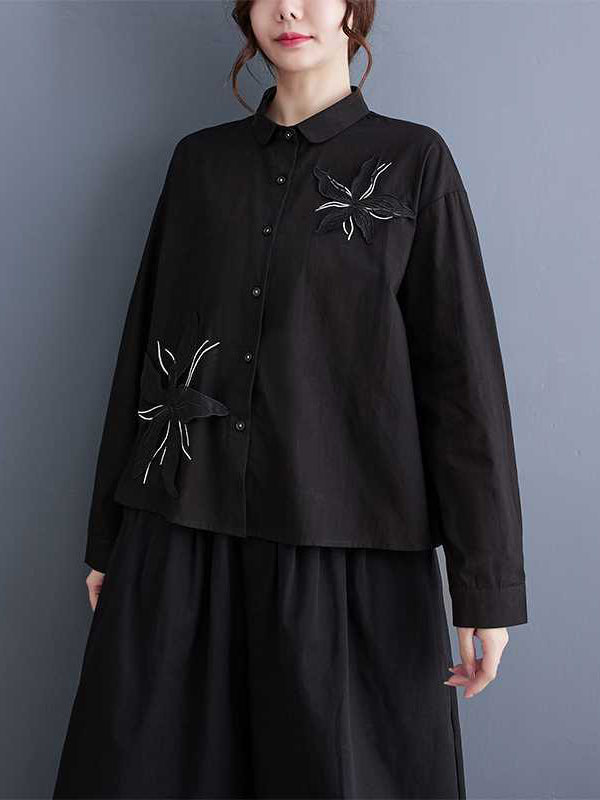 xakxx Long Sleeves Loose Applique Buttoned Embroidered Lapel Blouses&Shirts Tops