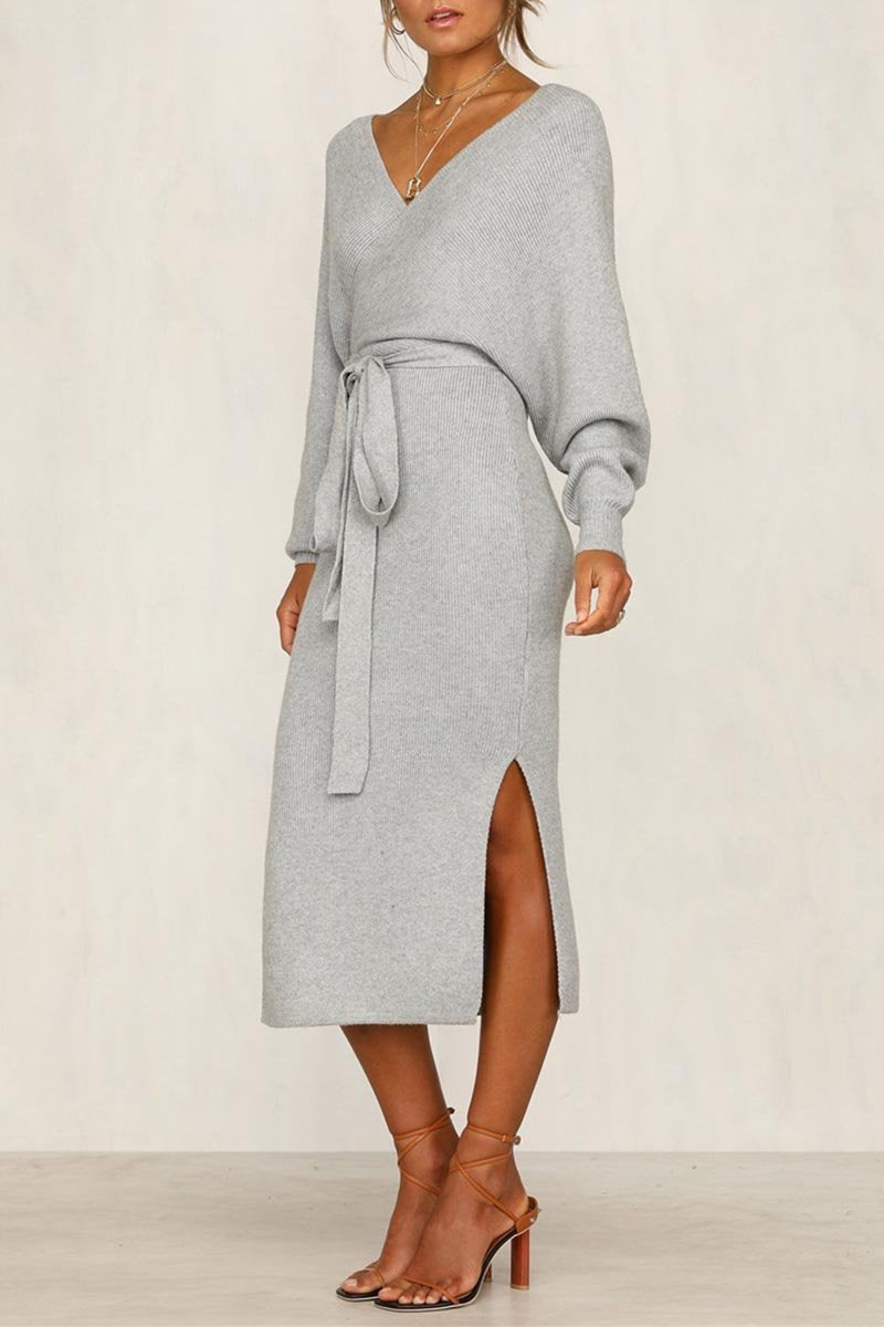 Xakxx V Neck Backless Sweater Dress(5 Colors)