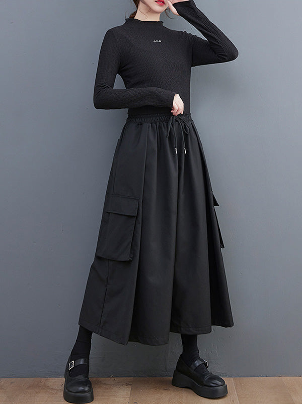 xakxx Simple Loose Wide Leg Drawstring Solid Color Casual Pants Bottoms