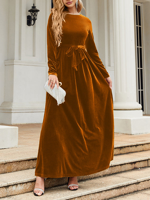 xakxx Long Sleeves Wrap Belted Pleated Solid Color Zipper Round-Neck Maxi Dresses