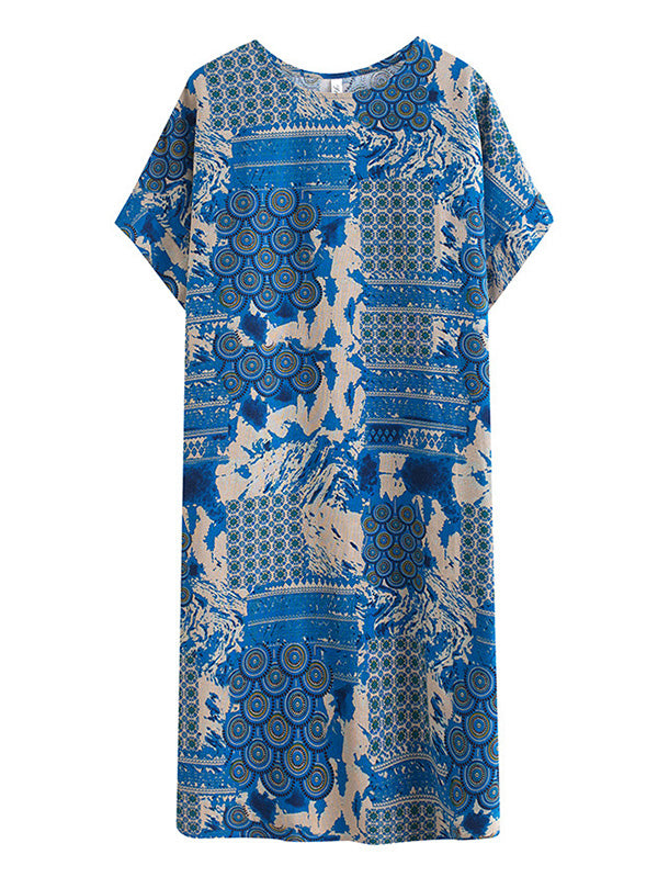xakxx Original Loose Short Sleeves Contrast Color Printed Round-Neck Midi Dresses