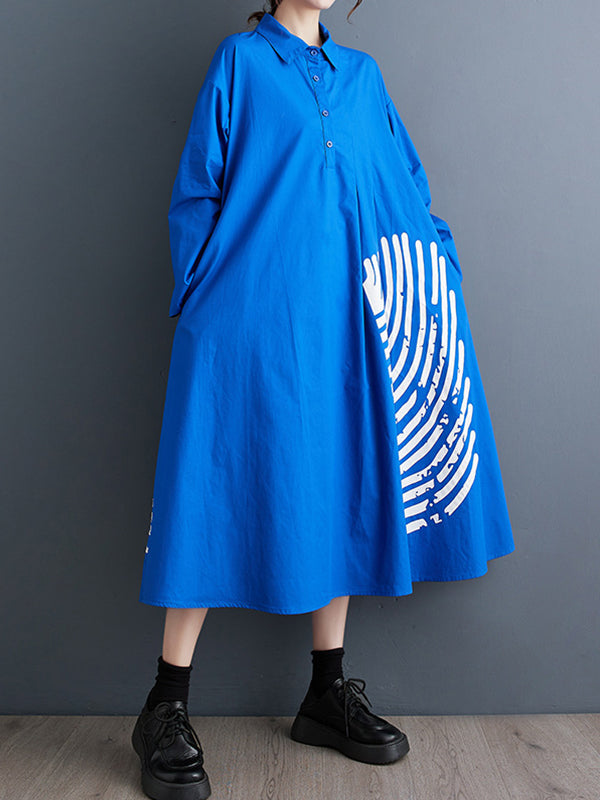 xakxx A-Line Long Sleeves Asymmetric Buttoned Pleated Printed Split-Joint Lapel Midi Dresses Shirt Dress