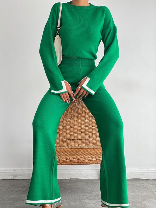 xakxx xakxx-Urban Loose Contrast Color Long Sleeves Round-Neck Sweater Tops & Pants Suits