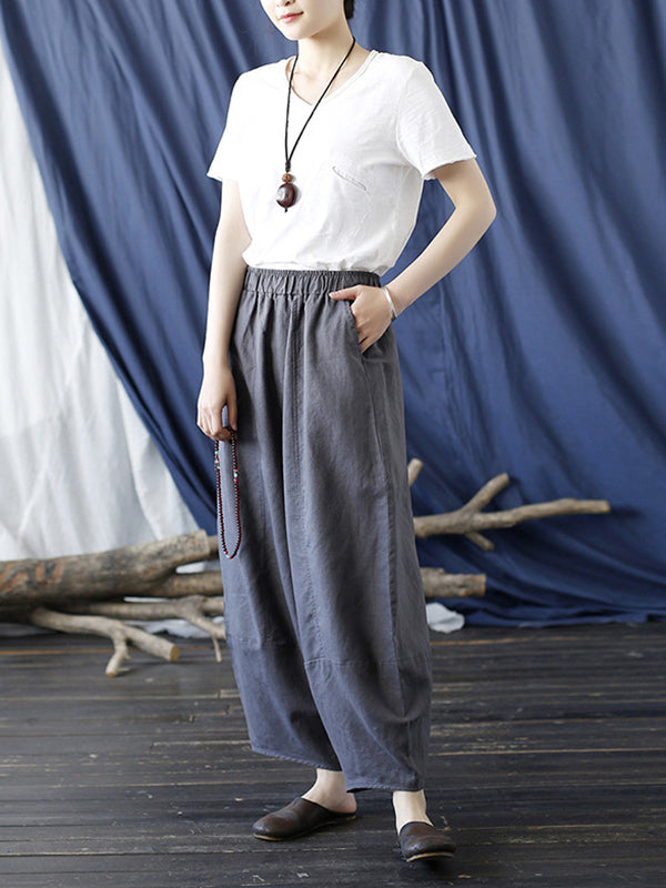 xakxx Simple Solid Color Elasticity Waisted Wide Leg Pants