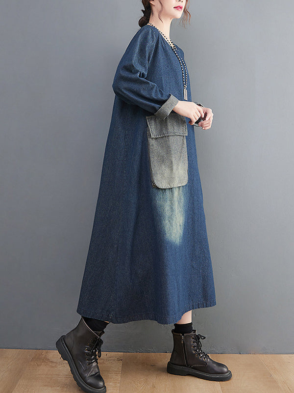 xakxx Artistic Retro Loose Denim Applique Round-Neck Long Sleeves Midi Dress