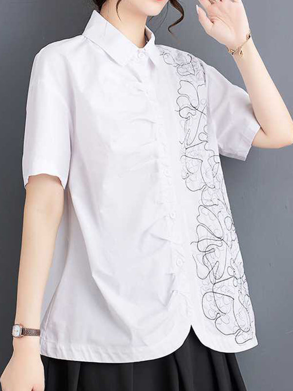 xakxx Irregularity Loose Buttoned Embroidered Pleated Lapel Collar Blouses&Shirts Tops