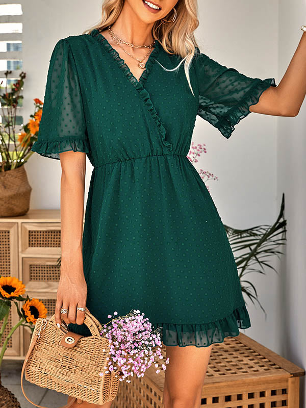 xakxx A-Line Loose Jacquard Ruffled Solid Color V-Neck Mini Dresses