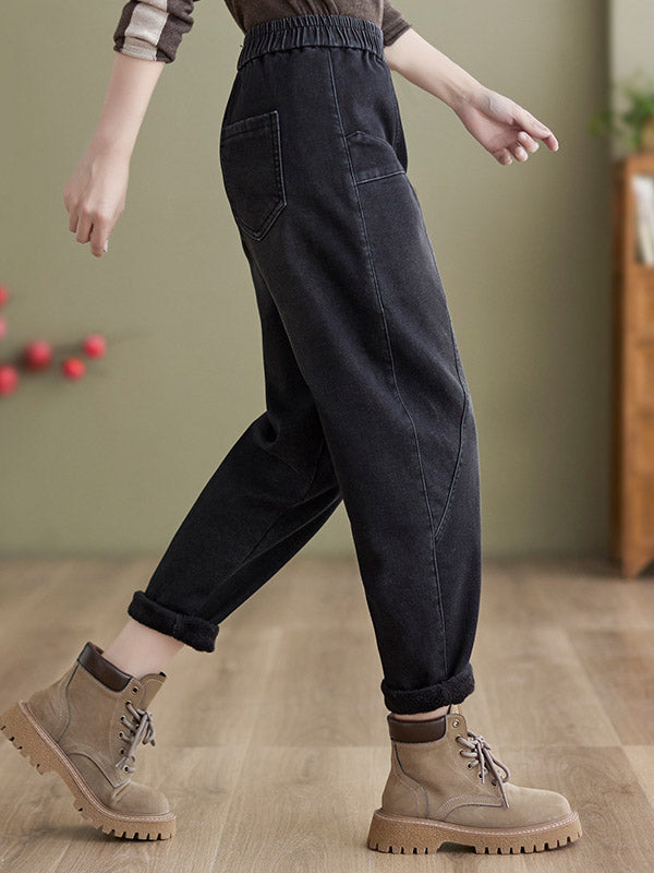 xakxx Casual Loose Velvet Solid Color With Pockets Harem Jean Pants Bottoms