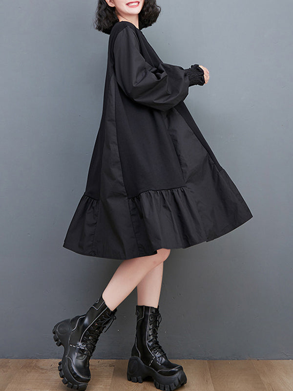 xakxx Loose Puff Sleeves Pleated Solid Color Split-Joint Round-neck Midi Dresses