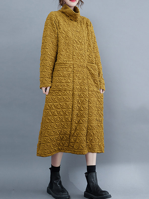 xakxx Casual Long Sleeves Loose Solid Color Textured High-Neck Cotton Padded Midi Dresses