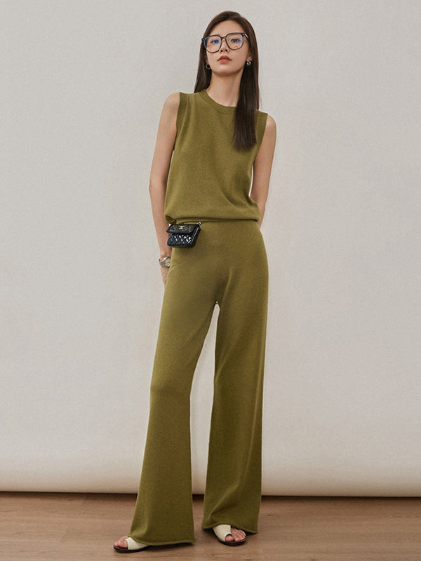 xakxx xakxx-Urban Loose Solid Round-Neck Vest Top& V-Neck Sweater Tops& Wide Leg Pants Three-Piece Set
