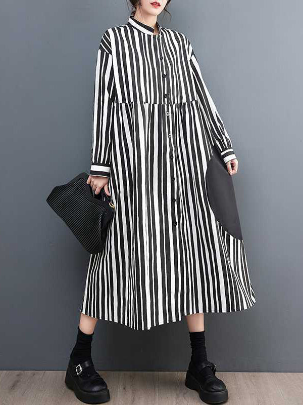 xakxx Long Sleeves Loose Buttoned Split-Joint Striped Mock Neck Midi Dresses