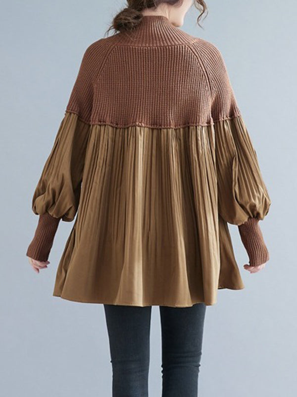 xakxx Long Sleeves Loose Pleated Split-Joint High Neck Sweater Tops