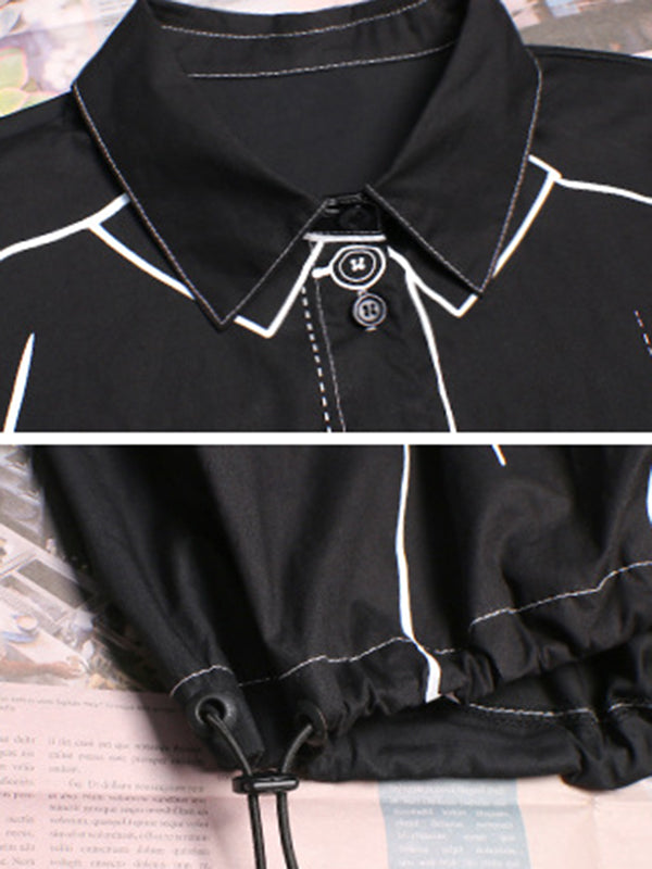 xakxx Casual Contrast Color Printed Drawstring Blouse Top