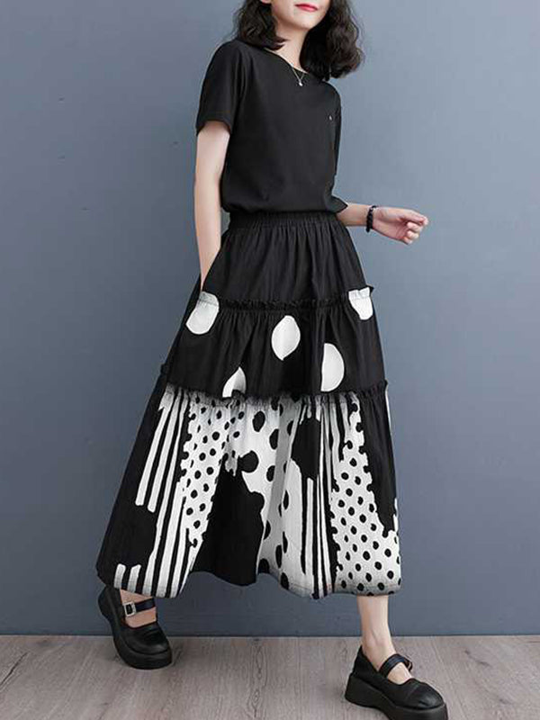 xakxx Loose Elasticity Pleated Pockets Polka Dot Printed Ruffled Split-Joint Skirts Bottoms