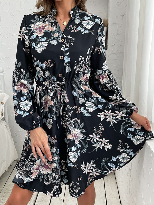 xakxx A-Line High Waisted Buttoned Drawstring Elasticity Flower Print V-Neck Mini Dresses