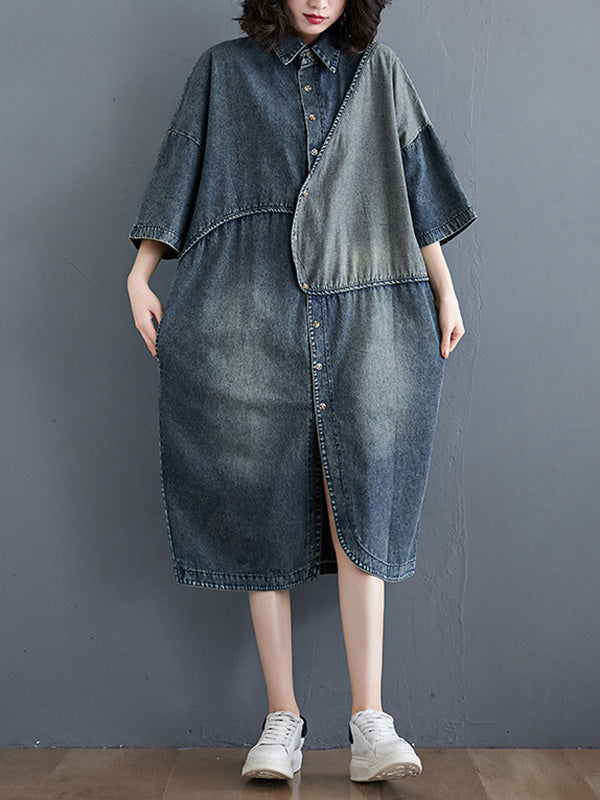 xakxx Denim Split-Joint Plus Size Half Sleeve Lapel Shirt Dress