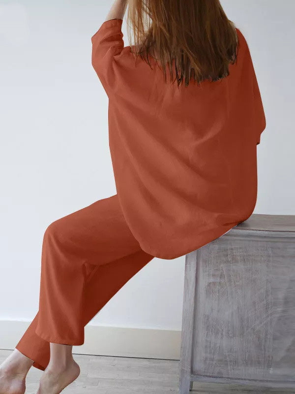 xakxx Casual Loose Long Sleeves Solid Color T-Shirt Top&Pants Two Pieces Set