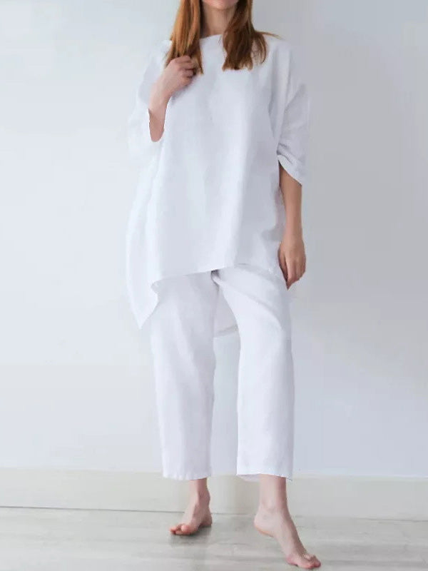 xakxx Casual Loose Long Sleeves Solid Color T-Shirt Top&Pants Two Pieces Set