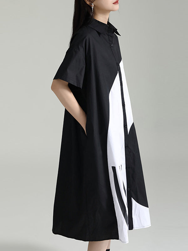 xakxx Loose Short Sleeves Asymmetric Contrast Color Split-Joint Lapel Midi Dresses Shirt Dress