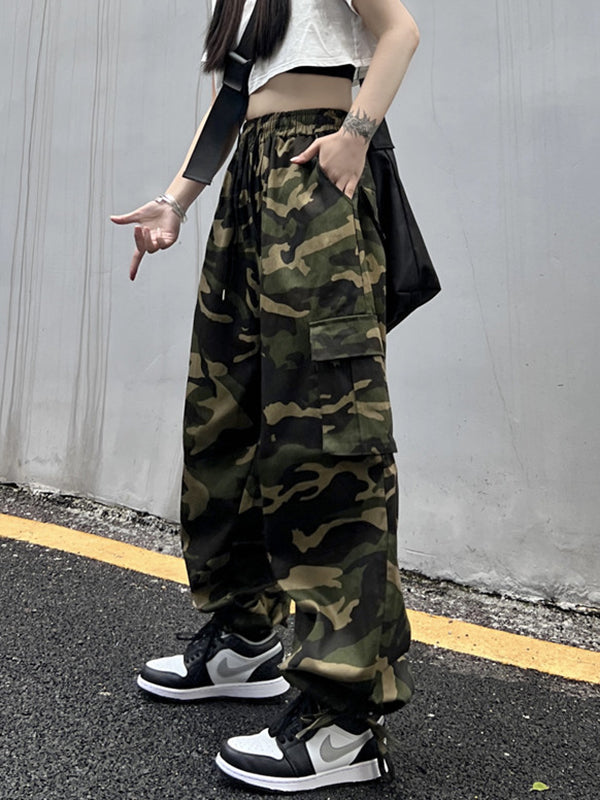 xakxx Hip-Hop Wide Leg Drawstring Camouflage Pants
