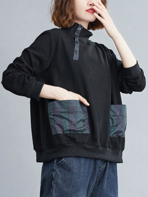 xakxx Simple Long Sleeves Loose Split-Joint Solid Color High-Neck Sweatshirt Tops