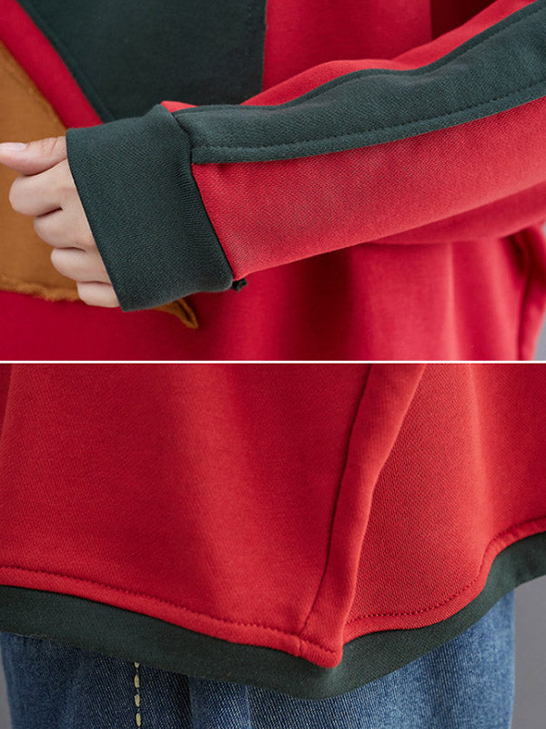 xakxx Artistic Retro Loose Triangle Applique Contrast Color Round-Neck Long Raglan Sleeves Sweatshirt