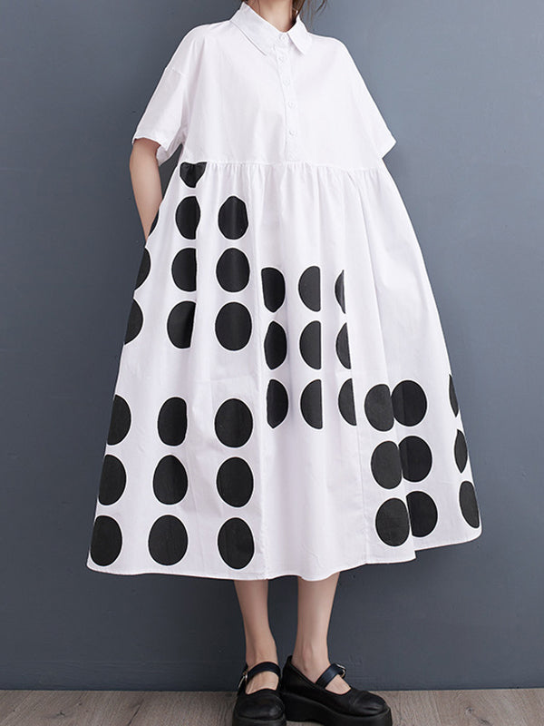 xakxx A-Line Loose Buttoned Pockets Polka Dot Printed Lapel Midi Dresses