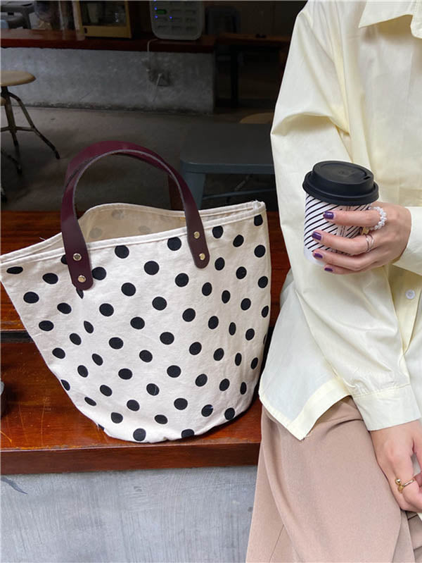 xakxx Vintage Canvas Polka-Dot Printed Makeup Tote Bag Bucket Bag