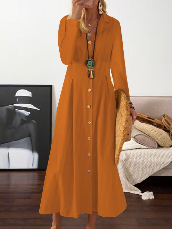 xakxx Long Sleeves Loose Pleated Lapel Midi Dresses Shirt Dress