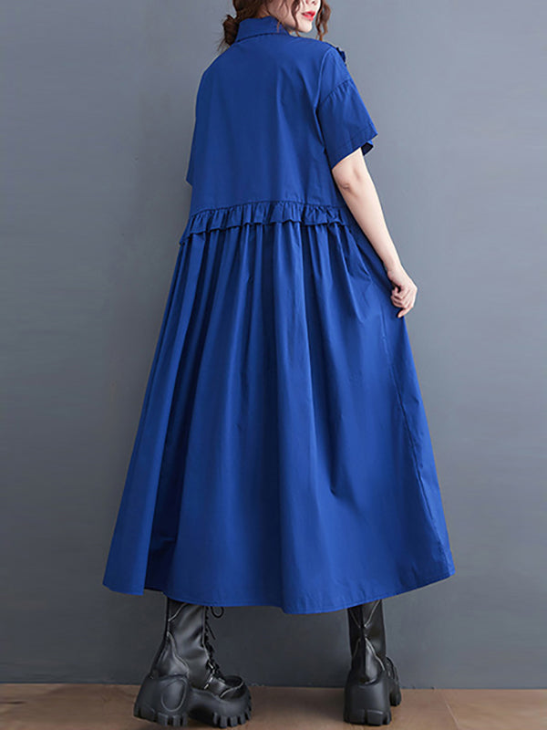 xakxx Simple Short Sleeves Loose Buttoned Falbala Split-Joint Solid Color Midi Shirt Dress