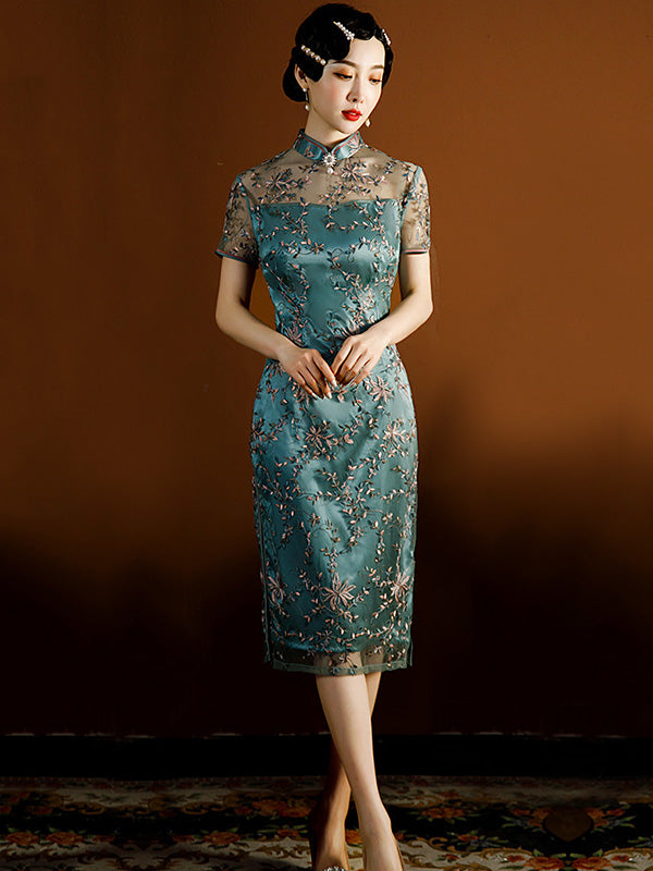 xakxx Vintage Tie-Dyed Hollow Beaded Split-Side Stand Collar Silk Cheongsam