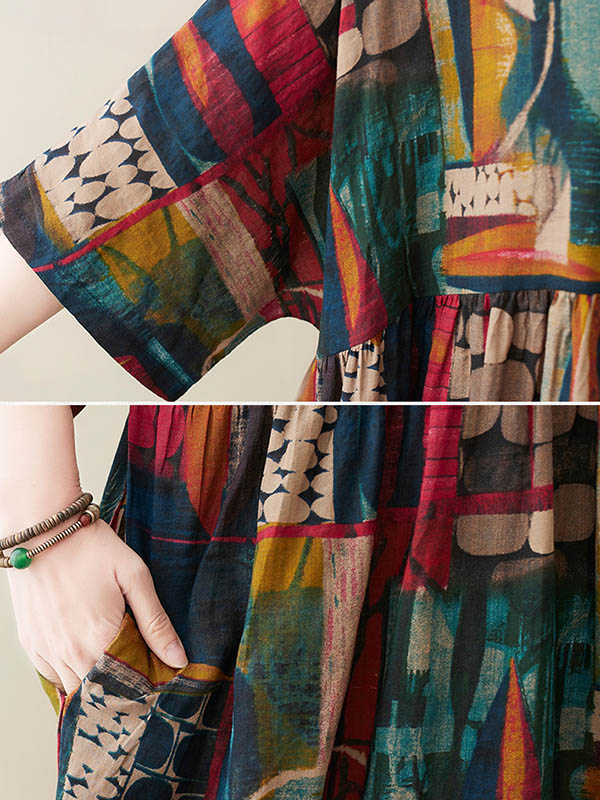xakxx Vintage Loose Abstract Printed Pleated Round-Neck Half Sleeves Midi Dress
