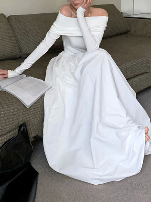 xakxx Long Sleeves Pleated Solid Color Split-Joint Off-The-Shoulder Maxi Dresses