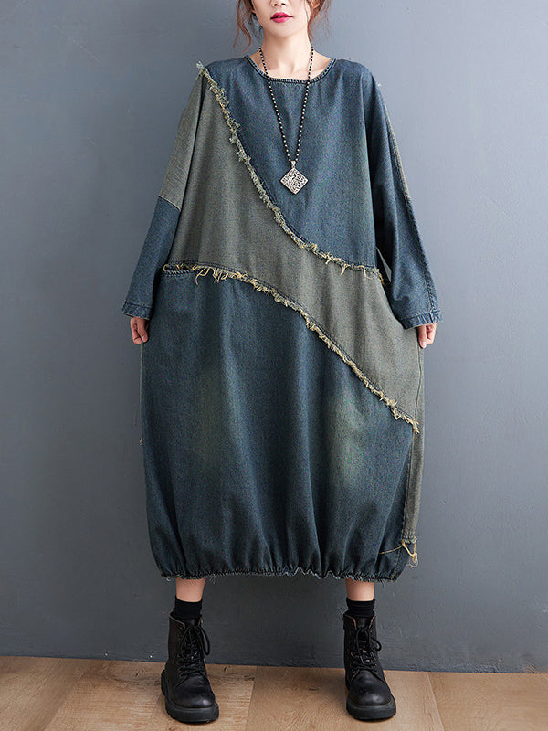 xakxx Original Loose Denim Contrast Color Round-Neck Long Sleeves Midi Dress