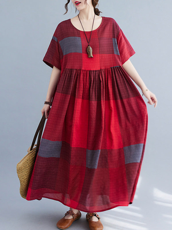 xakxx Artistic Retro Loose Color-Block Pleated Round-Neck Half Sleeves Midi Dress