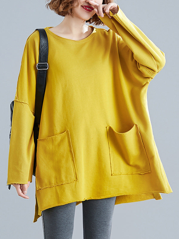 xakxx High-Low Long Sleeves Pockets Solid Color Split-Joint Split-Side Round-Neck Sweatshirt Tops