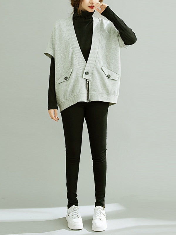 xakxx Batwing Sleeves Half Sleeves Zipper V-Neck Vest Top