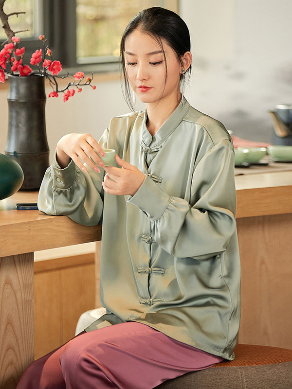 xakxx Vintage Long Sleeves Loose Buttoned Solid Color Stand Collar Blouse Top