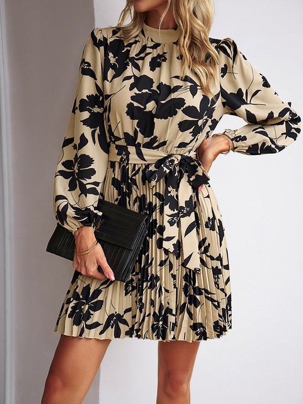 xakxx High Waisted Long Sleeves Flower Print Pleated Tied Waist Mock Neck Mini Dresses