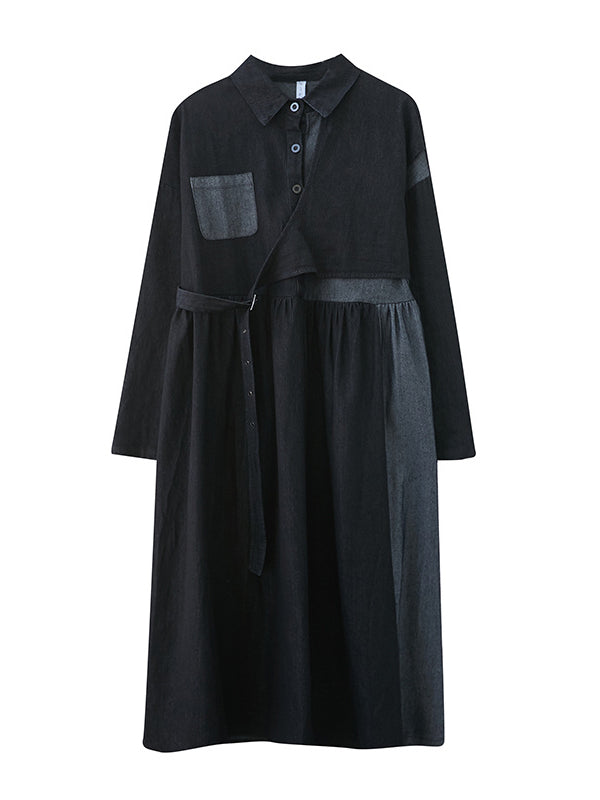 xakxx Original Loose Denim Split-Joint Tied Lapel Collar Long Sleeves Midi Dress