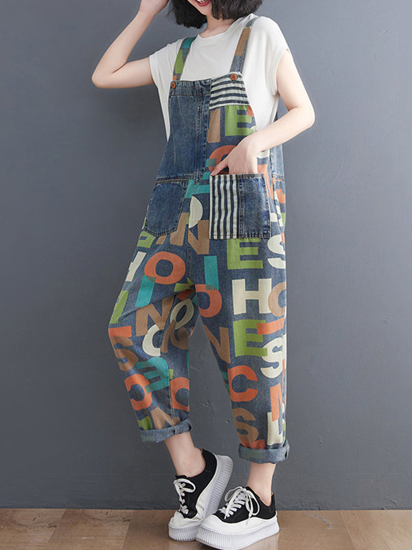 xakxx High Waisted Loose Asymmetric Buttoned Letter Print Pockets Split-Joint Striped Overalls