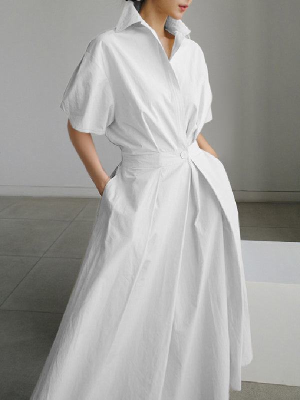 xakxx High Waisted Loose Pleated Solid Color V-Neck Midi Dresses