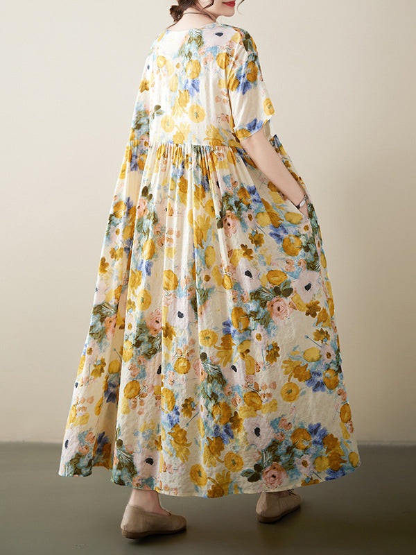 xakxx A-Line Loose Floral Printed Round-Neck Midi Dresses