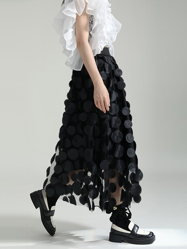 xakxx A-Line High Waisted Mesh Polka-Dot Solid Color Split-Joint Skirts Bottoms