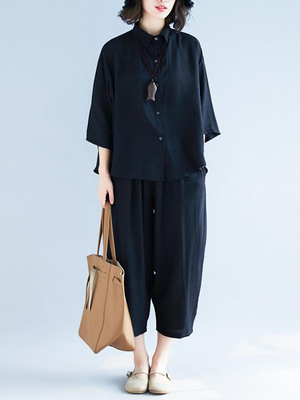 xakxx Two-Pieces Black Loose Shirt And Ninth Pants Suit