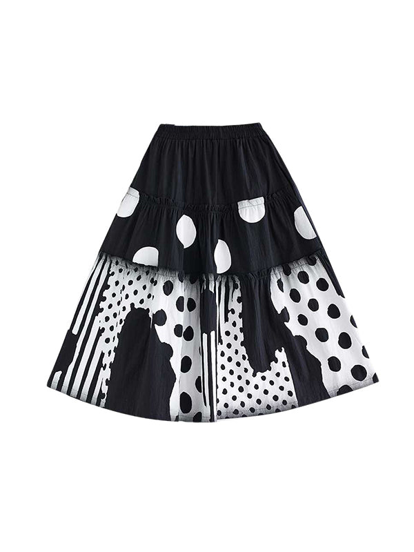 xakxx Loose Elasticity Pleated Pockets Polka Dot Printed Ruffled Split-Joint Skirts Bottoms